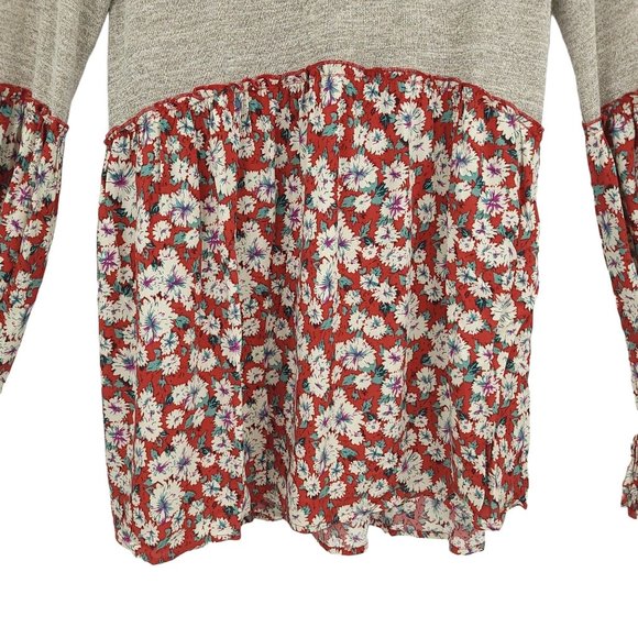 Easel Long Sleeve Knit Floral Tunic Top Womens Size Small Tie Sleeves Gray Red - Picture 4 of 13